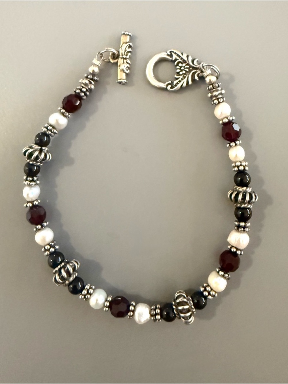 Estate Sterling Silver Chalcedony Garnet Quartz Stones Toggle Clasp - Picture 2 of 5